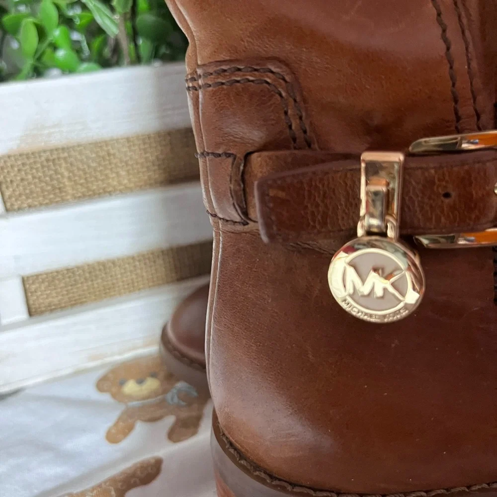 Michael Kors Chestnut Leather Boots with Gold Buckles